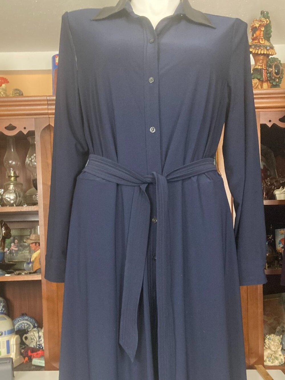 Lauren Ralph Lauren 16W Navy Blue Shirt Dress Faux Leather Collar Belted Plus Sz